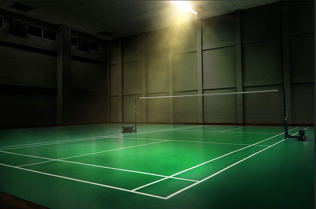 Indoor badminton court construction with controlled lighting and ventilation