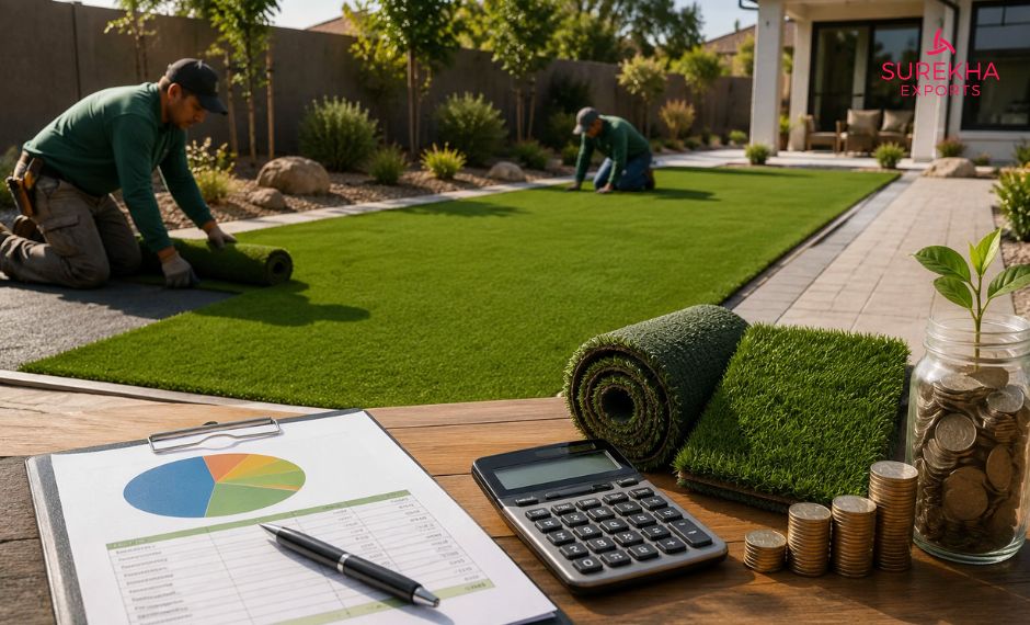 Workers installing artificial turf in a residential backyard with cost planning tools, turf samples, calculator, and budget documents illustrating materials, labor expenses, and long-term return on investment.