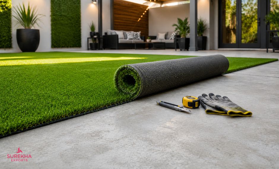 Artificial turf being installed over a concrete surface with proper base preparation in a modern outdoor space