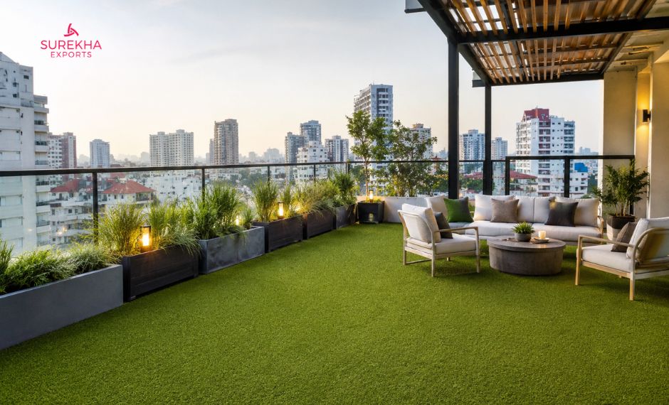 Modern rooftop and balcony with artificial grass installation, stylish outdoor seating, greenery, and contemporary design for a low-maintenance urban living space.